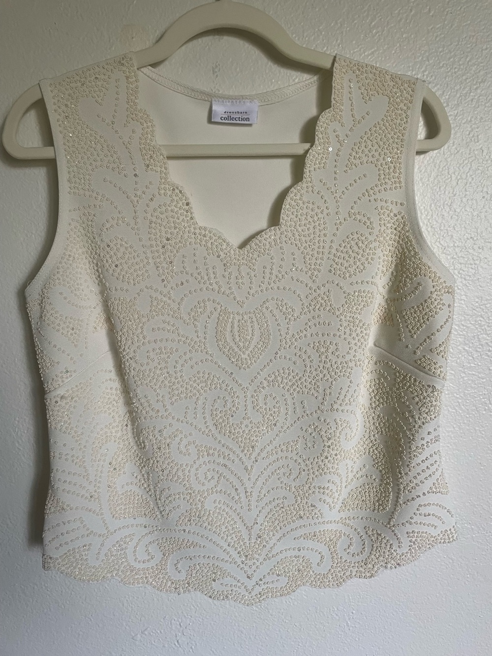 Dressbarn Collection Ivory Beaded Scalloped Tank Top